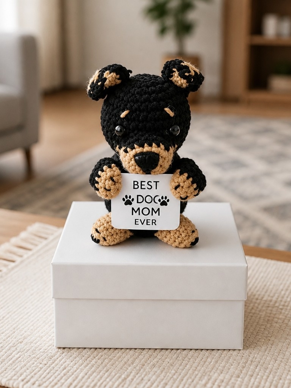 Handmade Black & Tan Crochet Dog Amigurumi Plush - Best Dog Mom Ever Sign